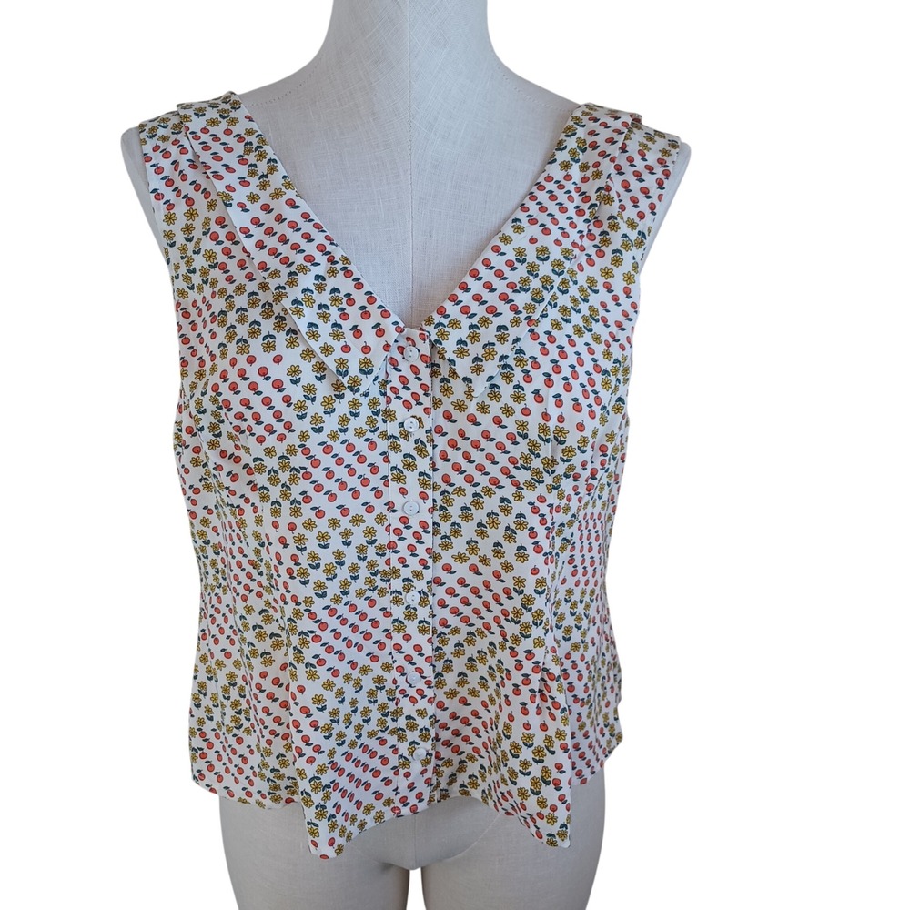 ModCloth Womens XL Sleeveless Button Down Blouse Orange Fruit Floral Print Rayon